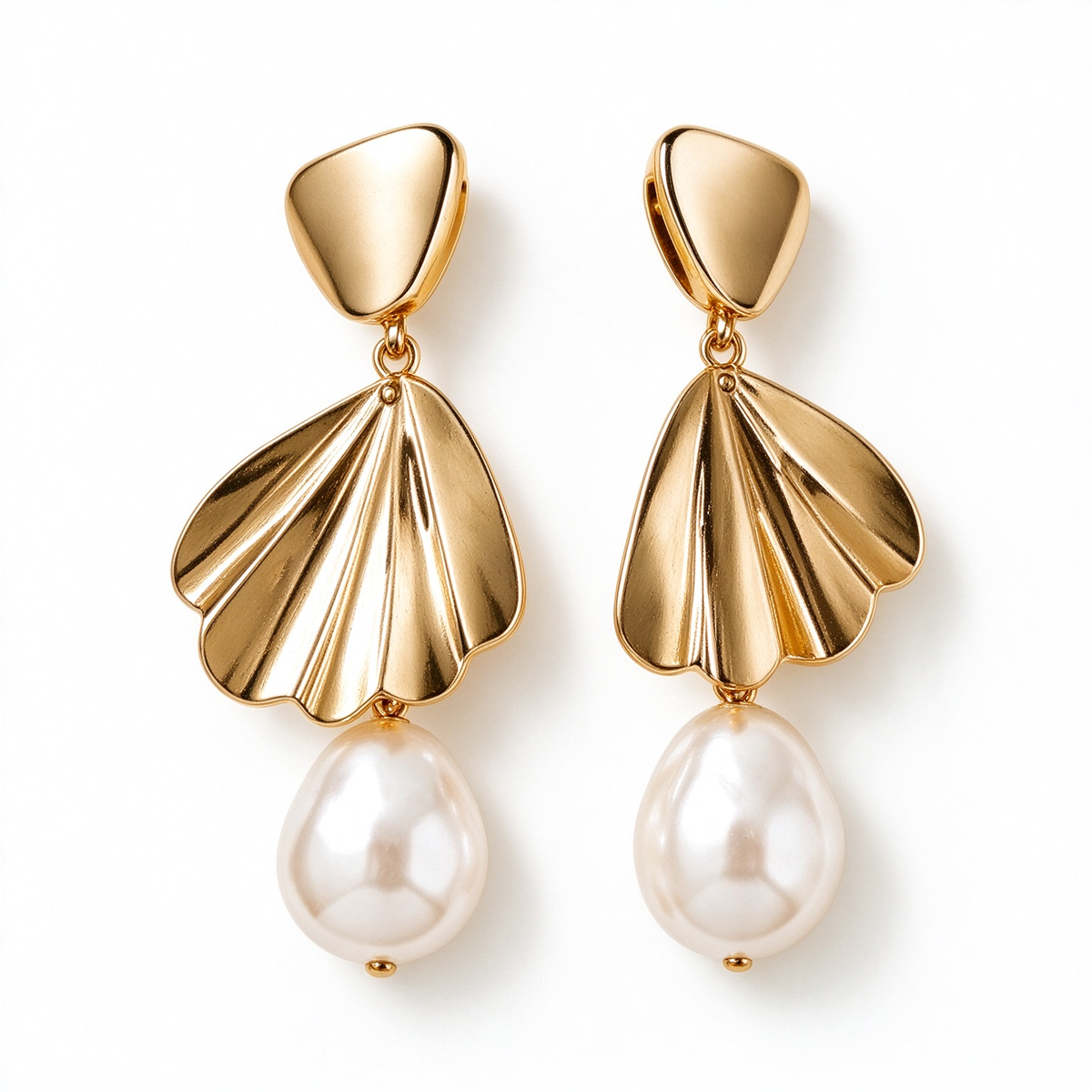 Gold Shell Baroque Pearl Dangle Earrings