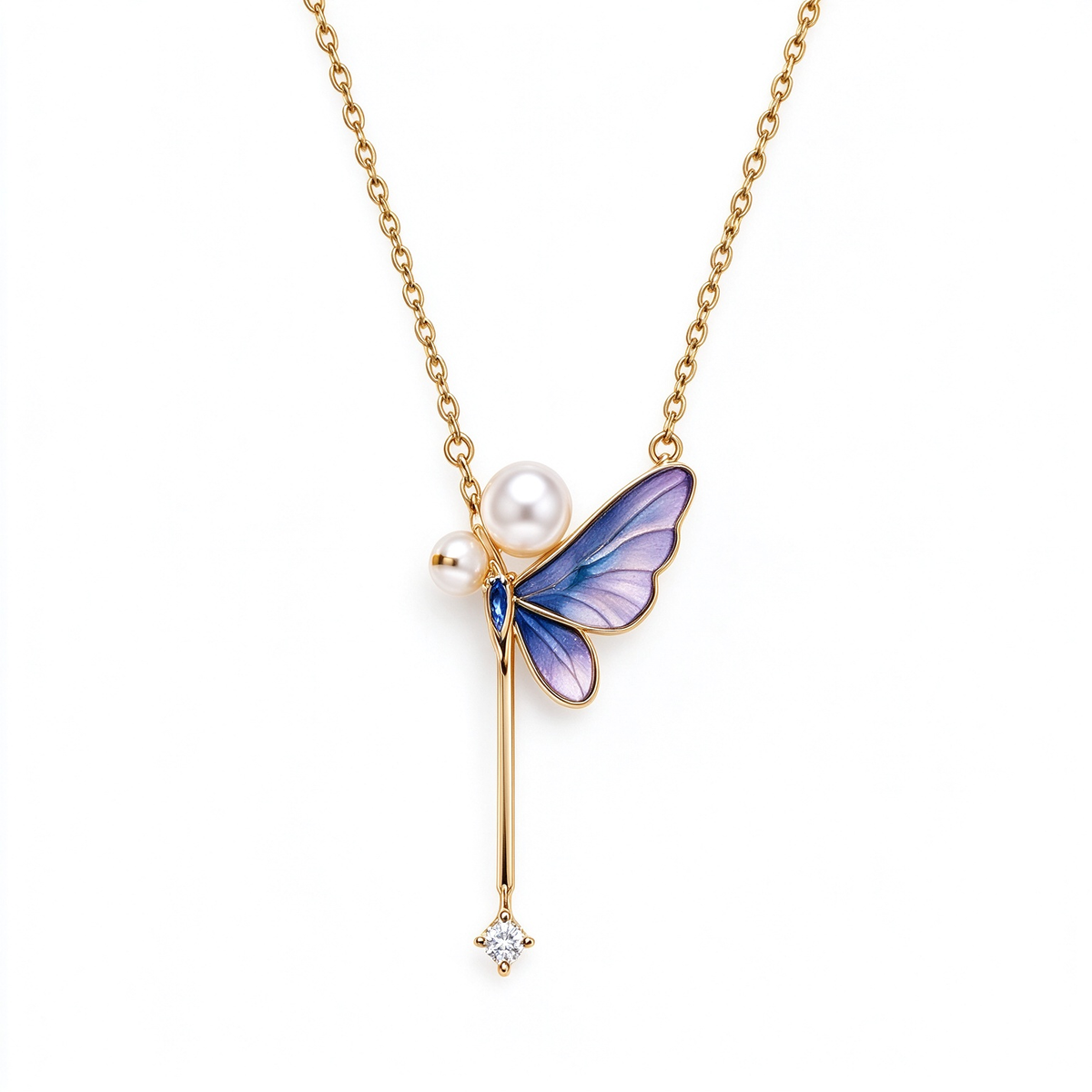 Purple Enamel Dragonfly Pearl Necklace