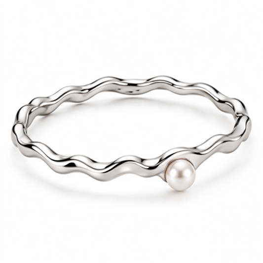 Silver Wavy Bangle With Single Pearl