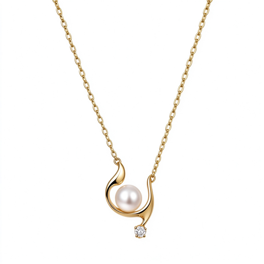 Curved Gold Cradle Pearl Pendant Necklace