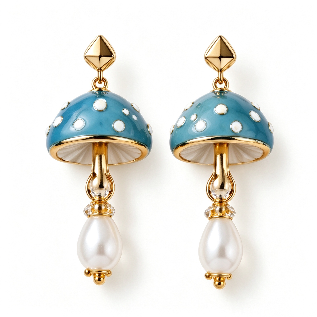 Blue Polka Dot Mushroom Pearl Drop Earrings