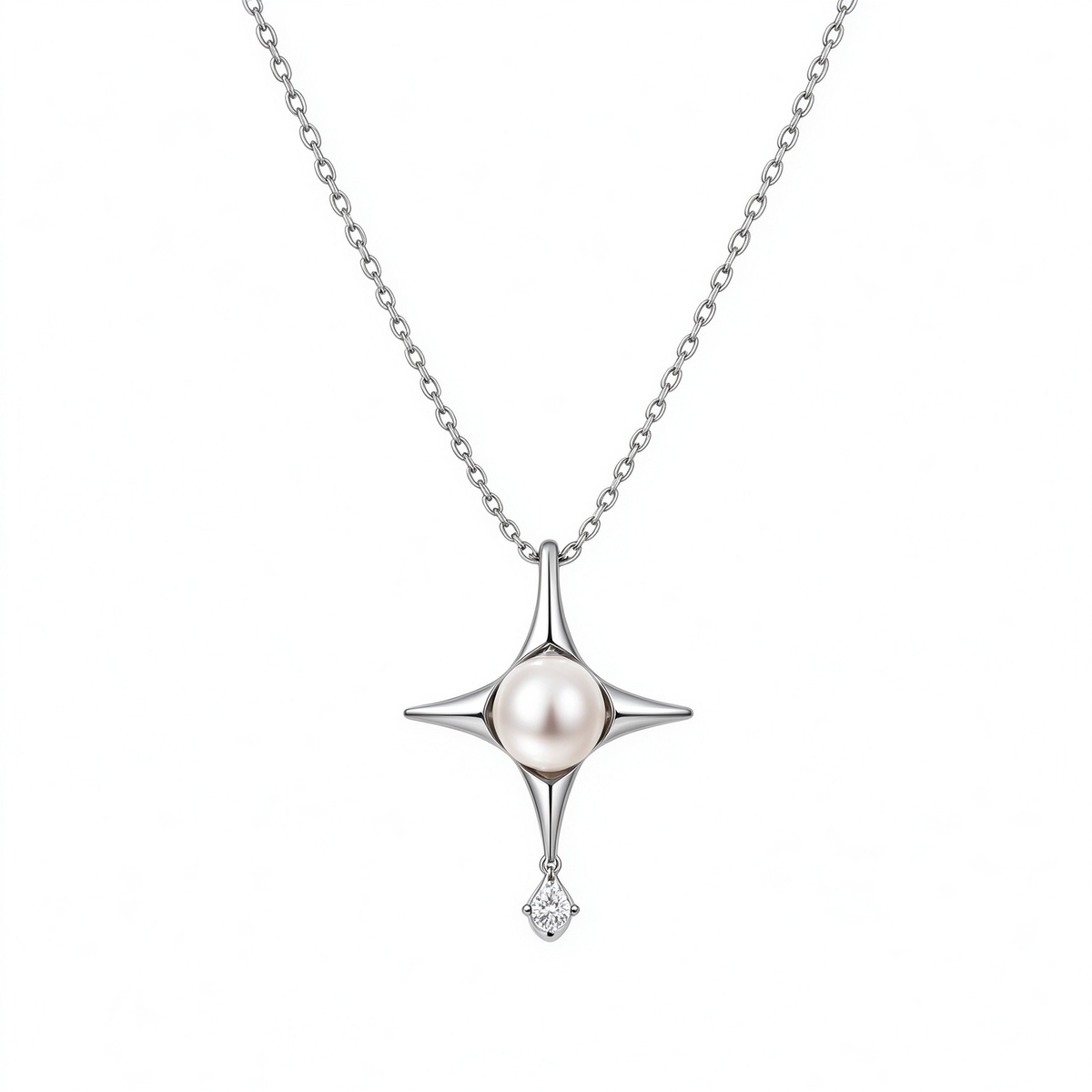 Silver Four Point Star Pearl Necklace
