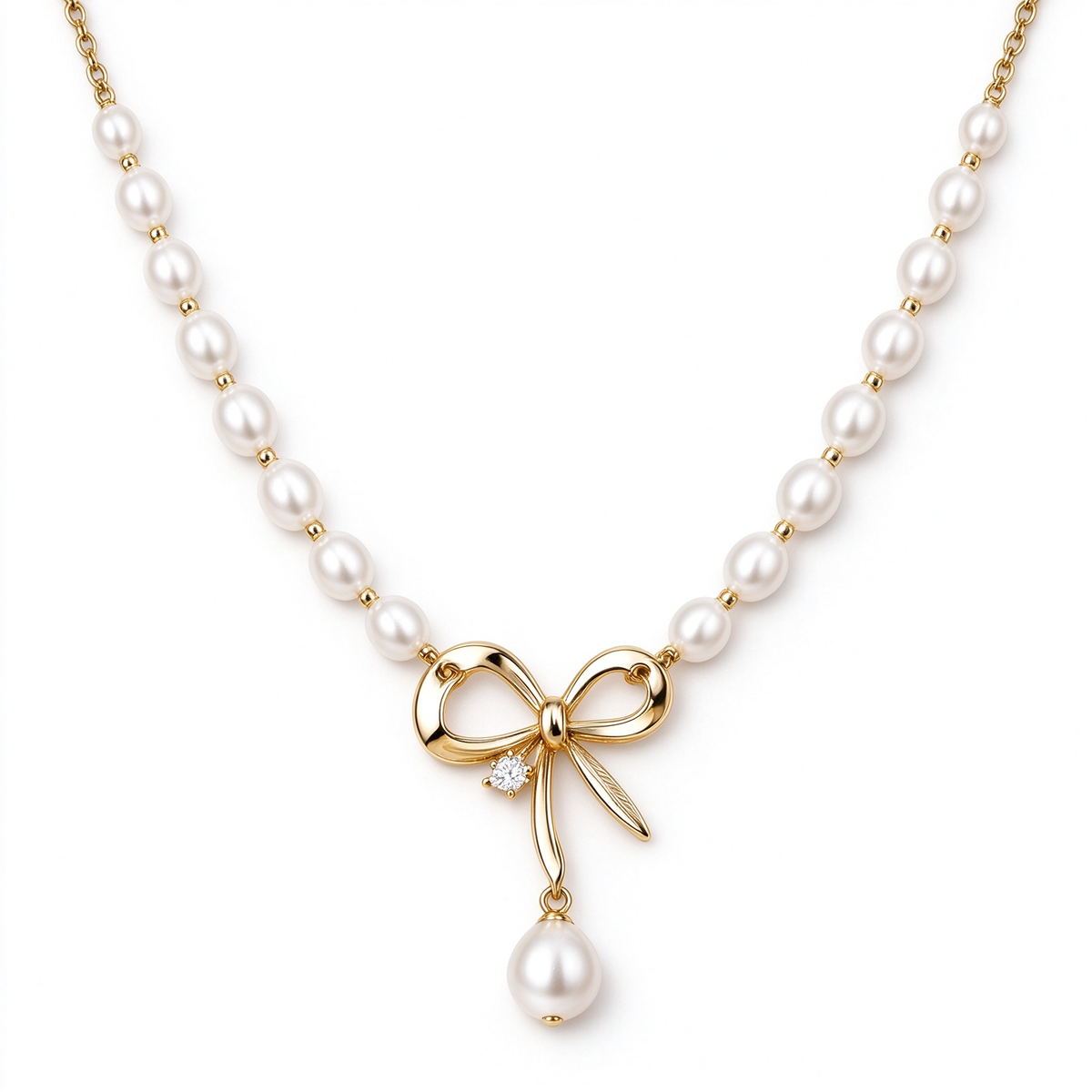 Gold Bow Pearl Strand Necklace