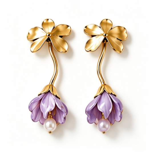 Curved Gold Lavender Bell Flower Pearl Earrings