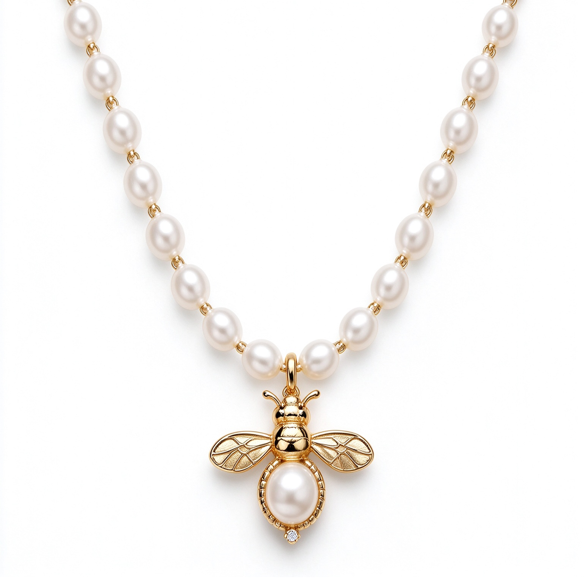 Gold Bee Charm Pearl Strand Necklace