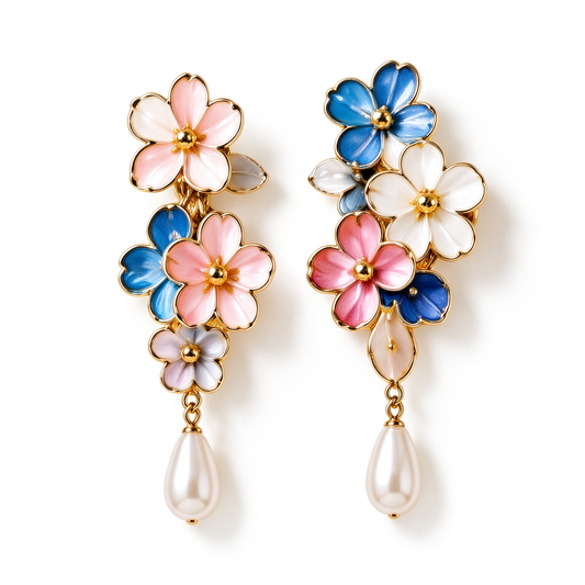 Multicolor Floral Cluster Pearl Drop Earrings