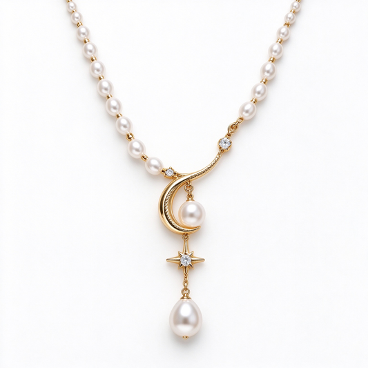 Crescent Moon Star Drop Pearl Strand Necklace