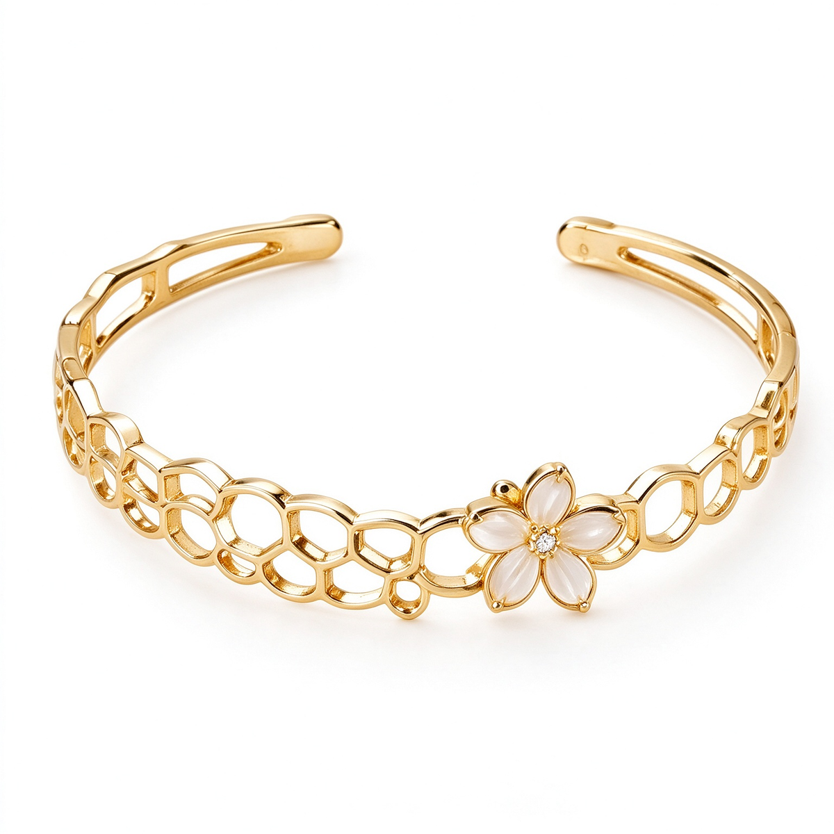 Gold Honeycomb Floral Open Cuff Bracelet