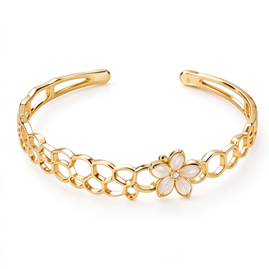 Gold Honeycomb Floral Open Cuff Bracelet