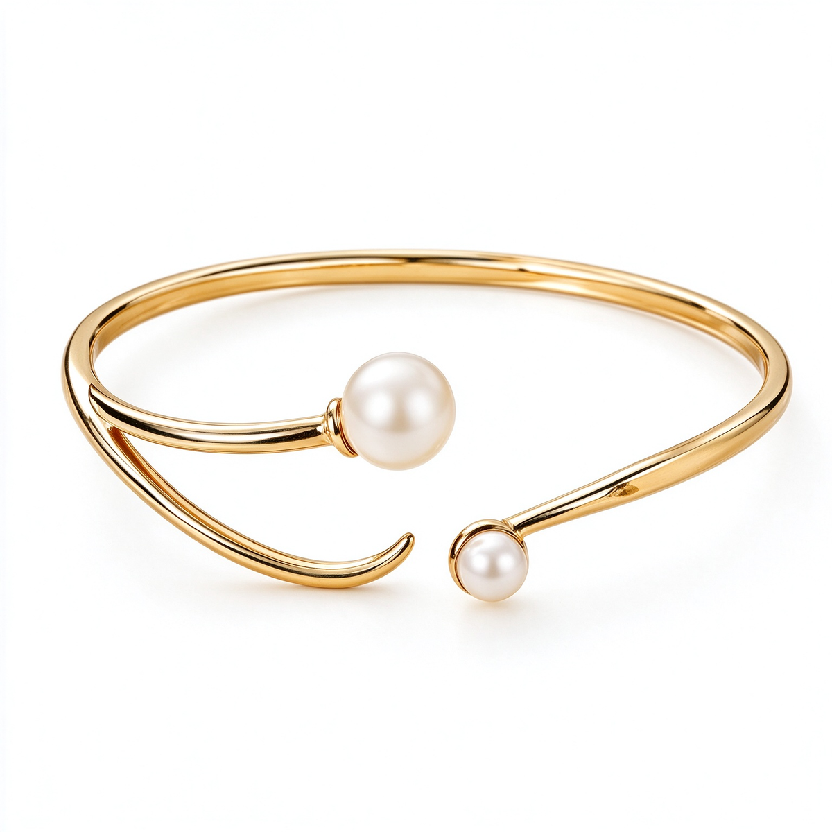 Gold Double Pearl Twisted Open Bangle