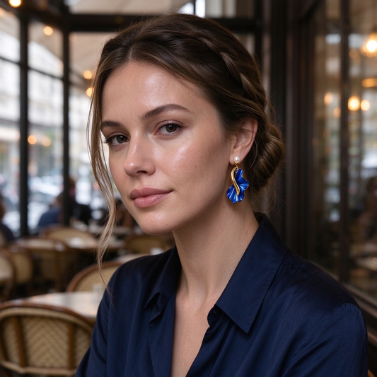 Blue Enamel Ginkgo Leaf Pearl Dangle Earrings