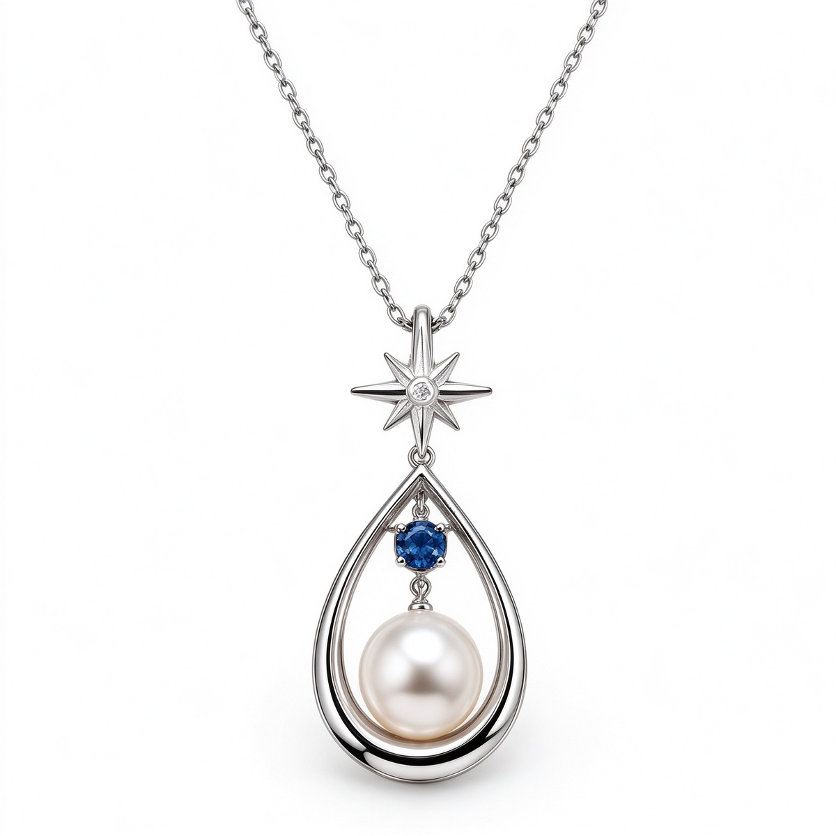 Silver Star Teardrop Blue Gem Pearl Necklace