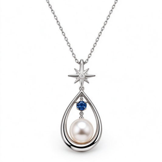 Silver Star Teardrop Blue Gem Pearl Necklace