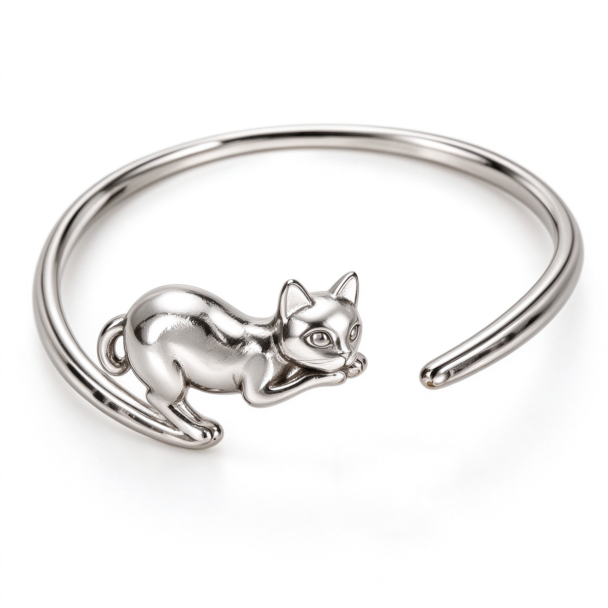 Silver Cat Open Cuff Bracelet